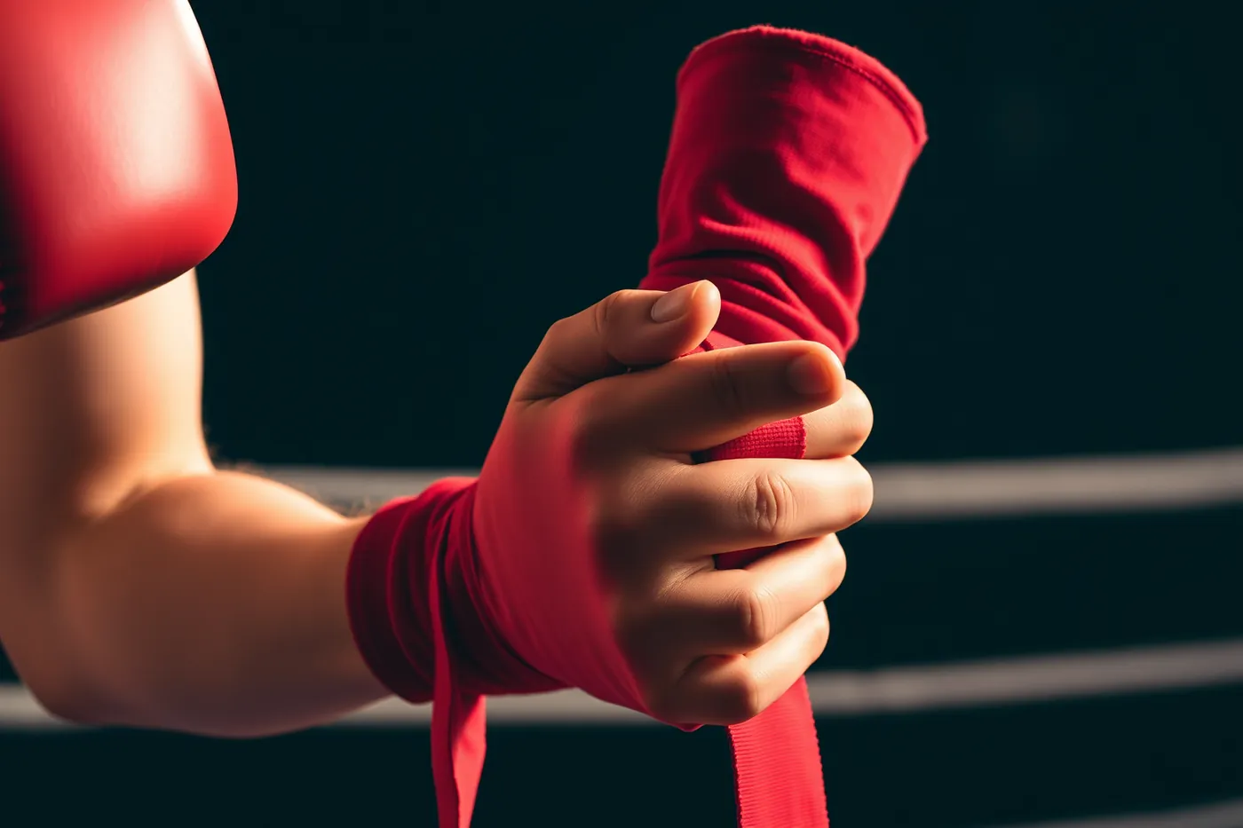 Des mains de boxeur, bandées, avant l'entraînement.
