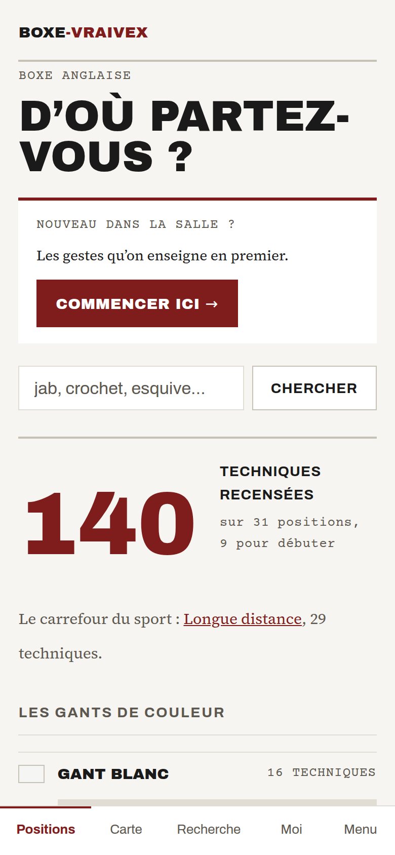 L'accueil de l'application : le titre « D'où partez-vous ? », un bouton pour débuter, la recherche, le compteur de techniques et les Gants de couleur.