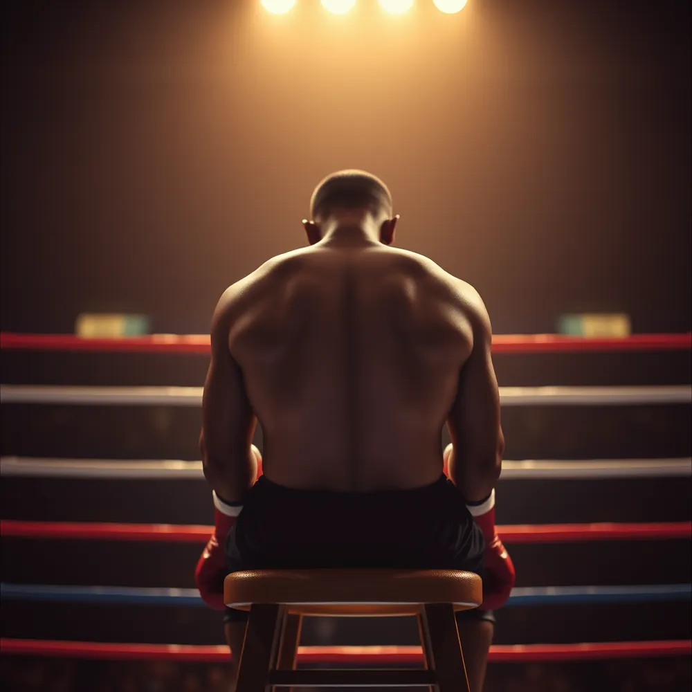 Un boxeur assis dans son coin, de dos, entre deux rounds.